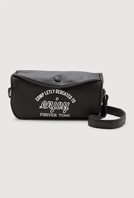Womens Enjoy Graphic Faux Leather Half Moon Crossbody Bag, Black