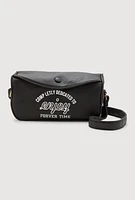 Womens Enjoy Graphic Faux Leather Half Moon Crossbody Bag, Black