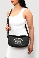 Womens Enjoy Graphic Faux Leather Half Moon Crossbody Bag, Black