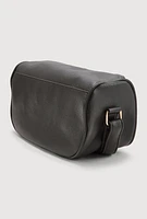 Womens Enjoy Graphic Faux Leather Half Moon Crossbody Bag, Black