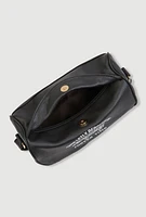 Womens Enjoy Graphic Faux Leather Half Moon Crossbody Bag, Black