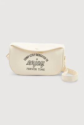 Womens Enjoy Graphic Faux Leather Half Moon Crossbody Bag, White