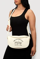 Womens Enjoy Graphic Faux Leather Half Moon Crossbody Bag, White