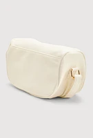 Womens Enjoy Graphic Faux Leather Half Moon Crossbody Bag, White
