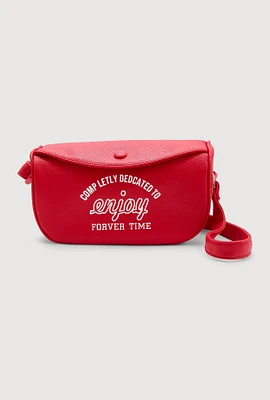 Womens Enjoy Graphic Faux Leather Half Moon Crossbody Bag, Red