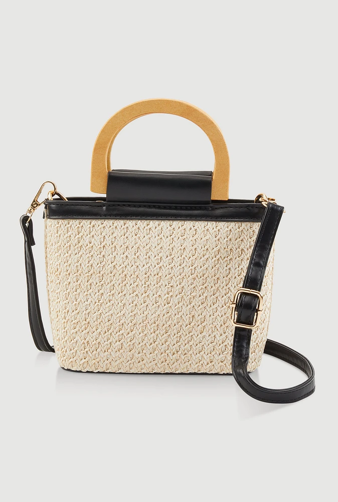 Womens D Ring Straw Bag, Beige
