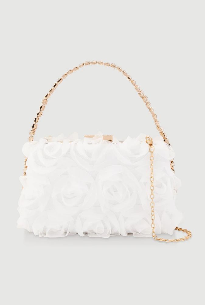 Womens Tulle Rose Convertible Crossbody Handbag, White