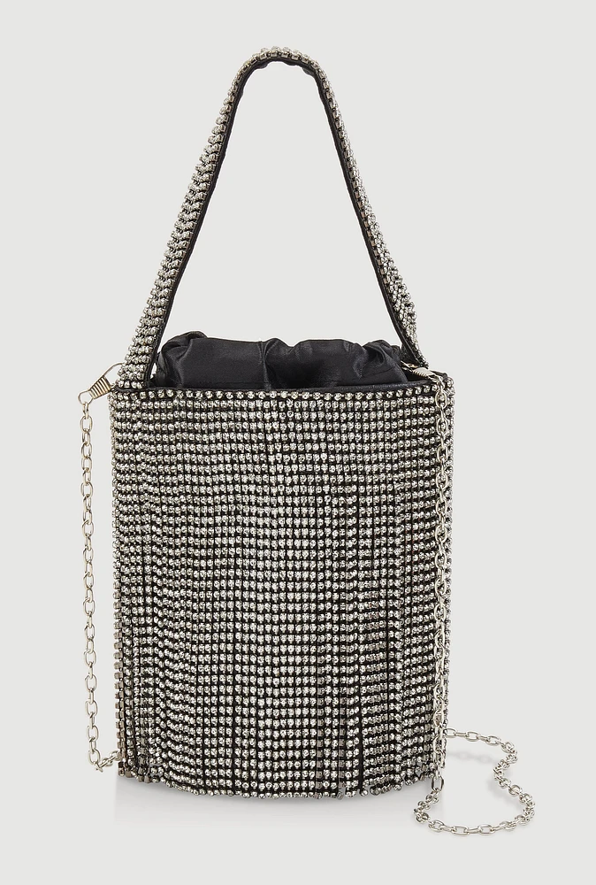 Womens Rhinestone Fringe Crossbody Bucket Bag, Black