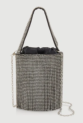 Womens Rhinestone Fringe Crossbody Bucket Bag, Black