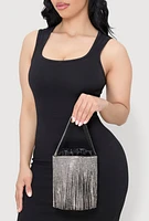 Womens Rhinestone Fringe Crossbody Bucket Bag, Black