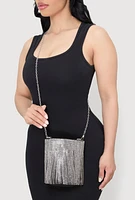 Womens Rhinestone Fringe Crossbody Bucket Bag, Black
