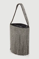 Womens Rhinestone Fringe Crossbody Bucket Bag, Black