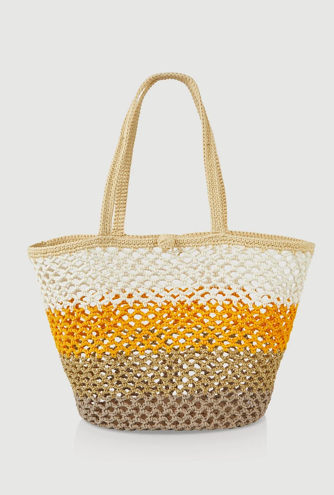 Womens Crochet Color Block Lurex Tote Bag, Yellow