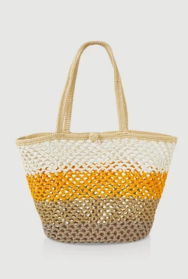 Womens Crochet Color Block Lurex Tote Bag, Yellow
