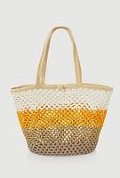 Womens Crochet Color Block Lurex Tote Bag, Yellow
