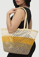 Womens Crochet Color Block Lurex Tote Bag, Yellow