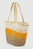 Womens Crochet Color Block Lurex Tote Bag, Yellow