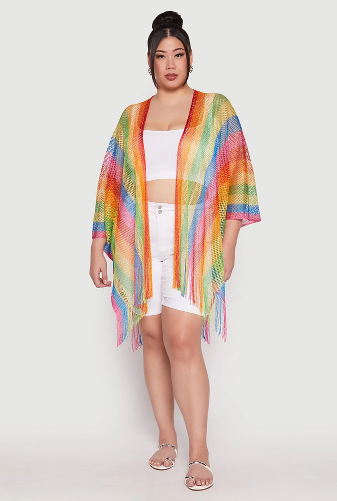 Womens Rainbow Lurex Fringe Cover Up Kimono, Multi