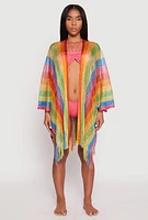 Womens Rainbow Lurex Fringe Cover Up Kimono, Multi