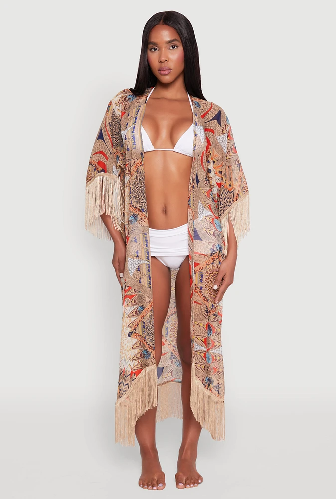 Womens Printed Pattern Fringe Kimono Cover Up, Multi