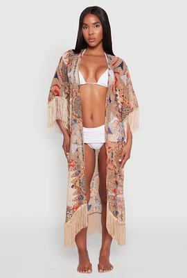 Womens Printed Pattern Fringe Kimono Cover Up, Multi