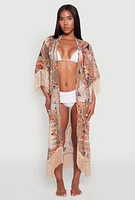 Womens Printed Pattern Fringe Kimono Cover Up, Multi