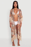 Womens Printed Pattern Fringe Kimono Cover Up, Multi