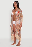 Womens Printed Pattern Fringe Kimono Cover Up, Multi