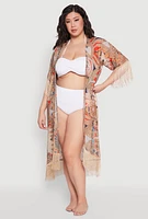 Womens Printed Pattern Fringe Kimono Cover Up, Multi