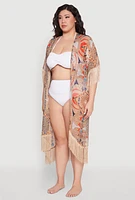 Womens Printed Pattern Fringe Kimono Cover Up, Multi