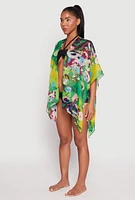 Womens Abstract Floral Print Cover Up Kimono, Multi