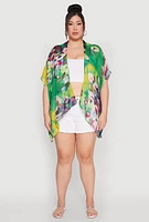 Womens Abstract Floral Print Cover Up Kimono, Multi