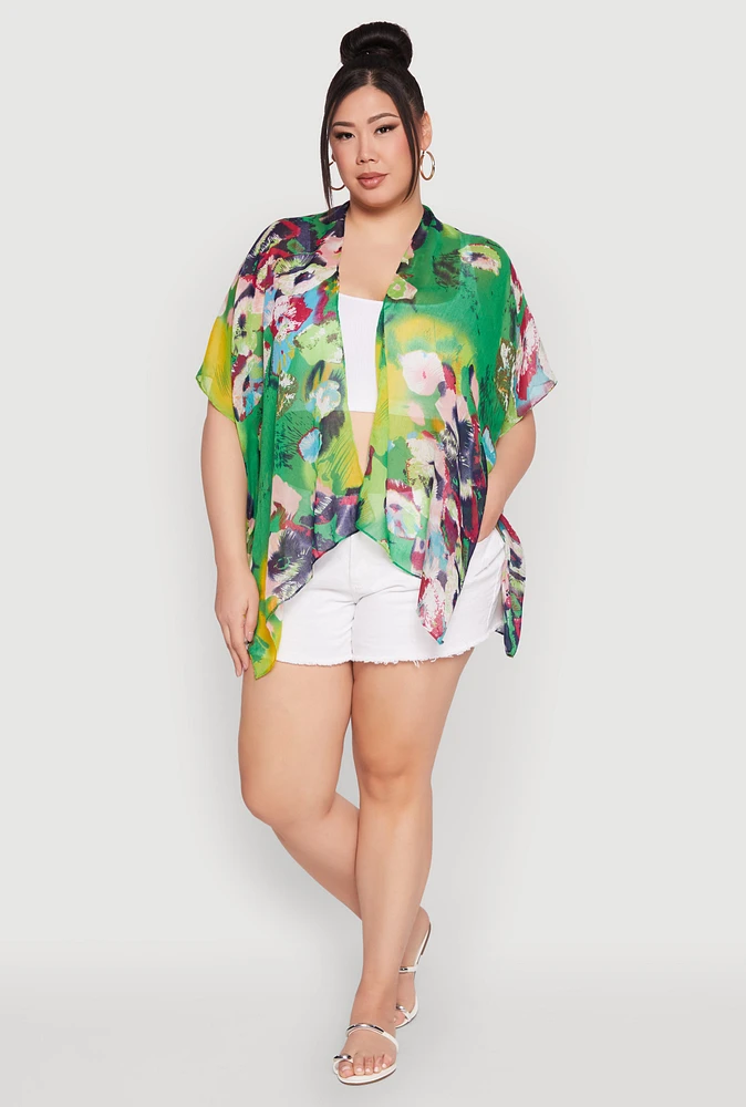 Womens Abstract Floral Print Cover Up Kimono, Multi