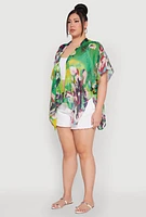 Womens Abstract Floral Print Cover Up Kimono, Multi