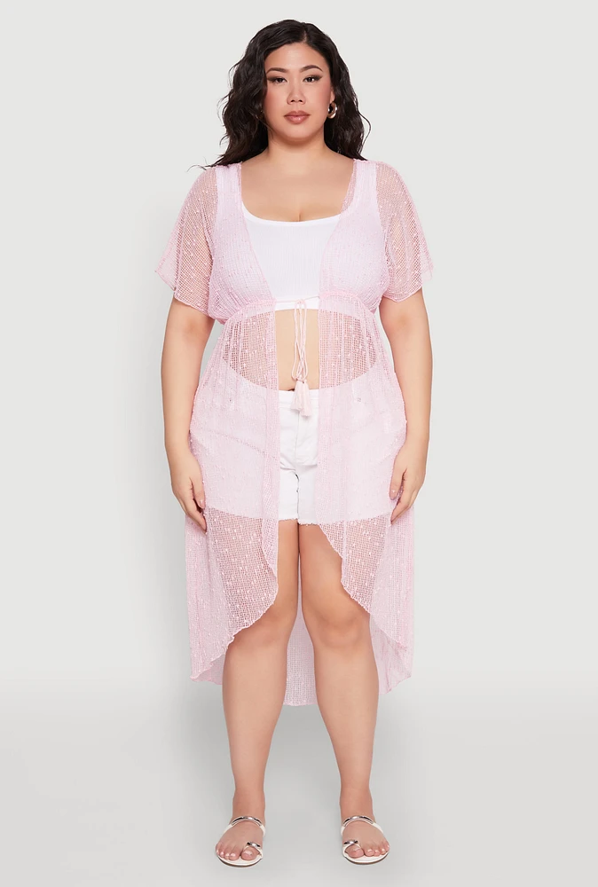 Womens Popcorn Knit Tie Front Cover Up Kimono, Pink