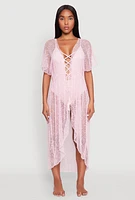 Womens Popcorn Knit Tie Front Cover Up Kimono, Pink