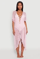 Womens Popcorn Knit Tie Front Cover Up Kimono, Pink