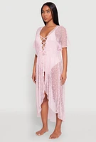 Womens Popcorn Knit Tie Front Cover Up Kimono, Pink