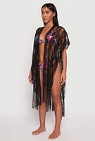 Womens Fringe Trim Lace Cover Up Kimono, Black