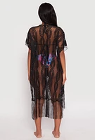 Womens Fringe Trim Lace Cover Up Kimono, Black