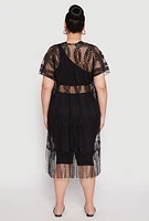 Womens Fringe Trim Lace Cover Up Kimono, Black