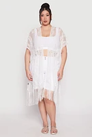 Womens Fringe Trim Lace Cover Up Kimono, White