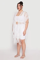 Womens Fringe Trim Lace Cover Up Kimono, White