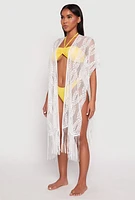 Womens Fringe Trim Lace Cover Up Kimono, White