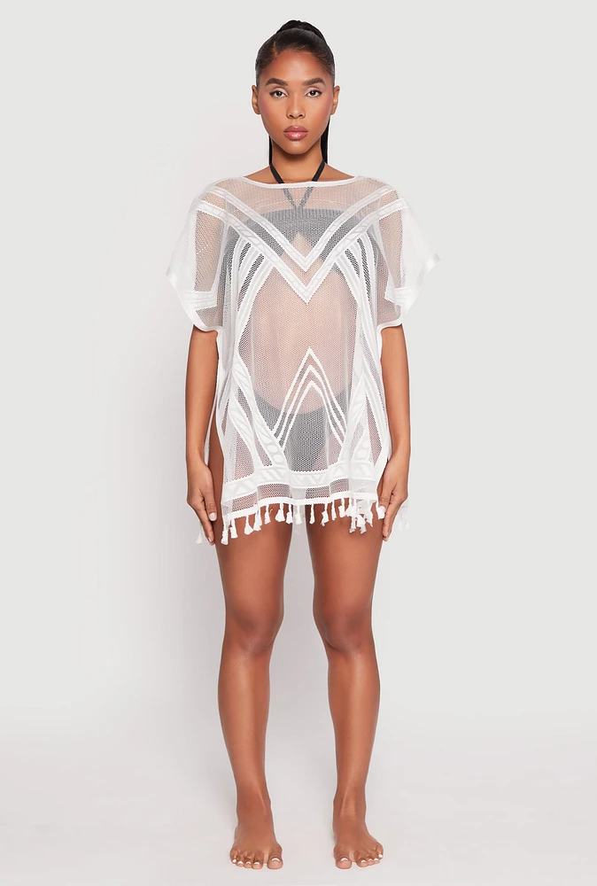 Womens Fishnet Tassel Fringe Swim Cover Up, White