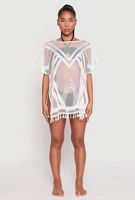 Womens Fishnet Tassel Fringe Swim Cover Up, White