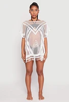 Womens Fishnet Tassel Fringe Swim Cover Up, White