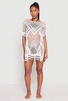 Womens Fishnet Tassel Fringe Swim Cover Up, White