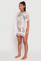 Womens Fishnet Tassel Fringe Swim Cover Up, White