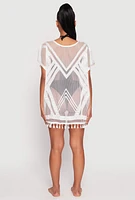 Womens Fishnet Tassel Fringe Swim Cover Up, White